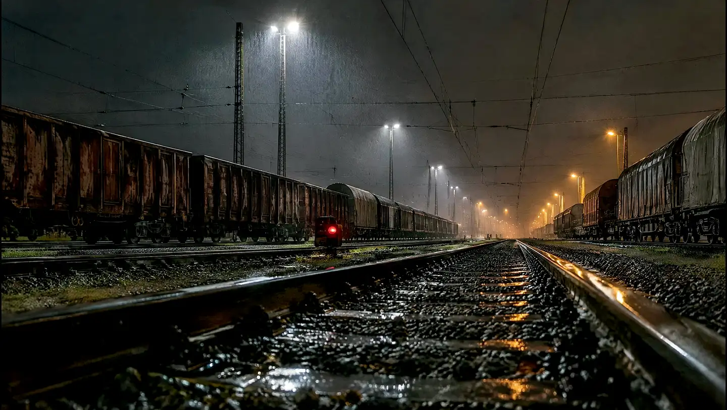 Rangierbahnhof bei Nacht im Regen, Flutlicht spiegelt sich auf nassen Schienen, Reihen von Güterwagen